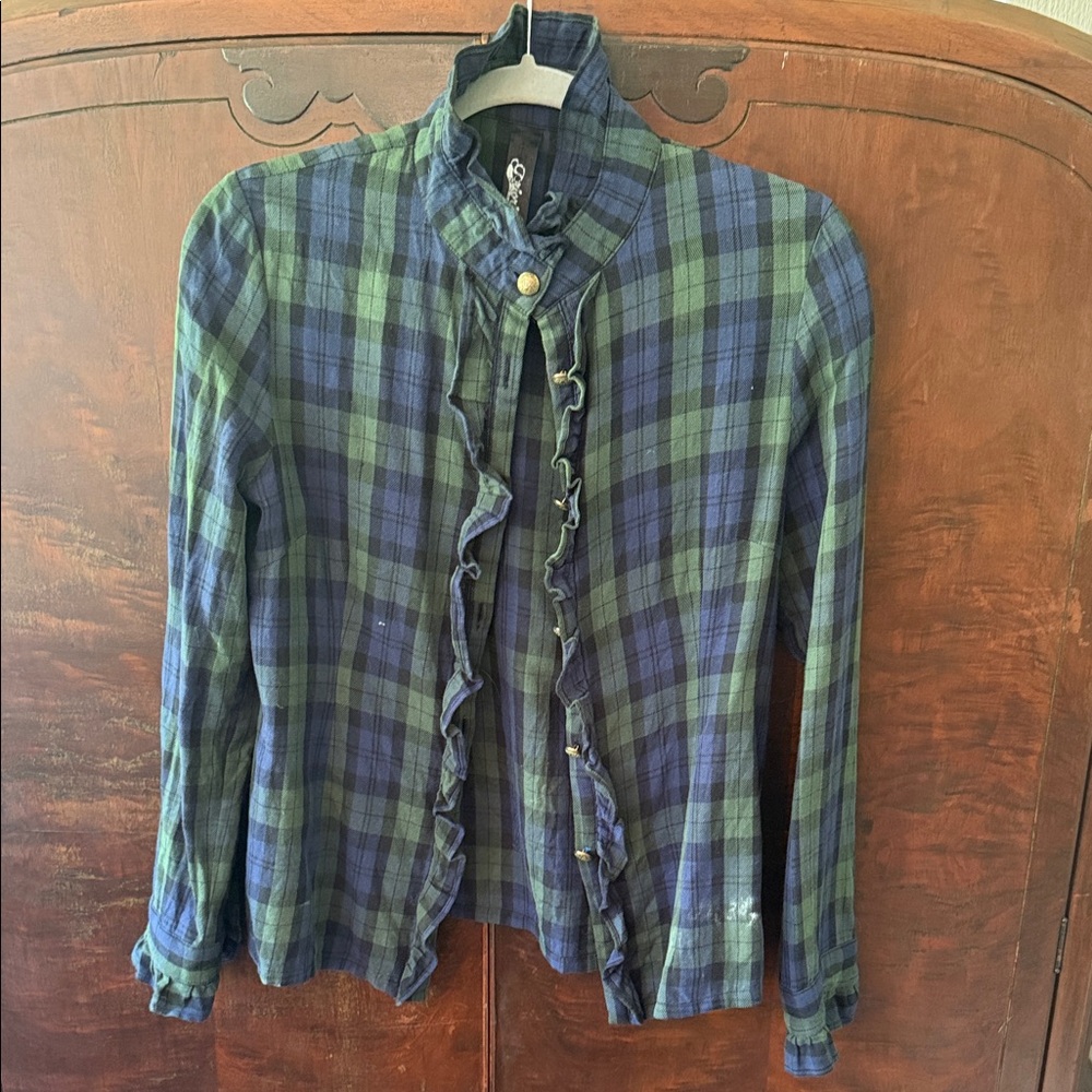 Plaid Ruffle Button-Down Shirt - Green & Navy